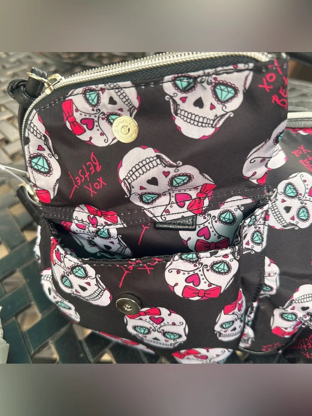 NWT Betsey Johnson Sugar Skulls Horizon Pocket Satchel Crossbody Shoulder Bag